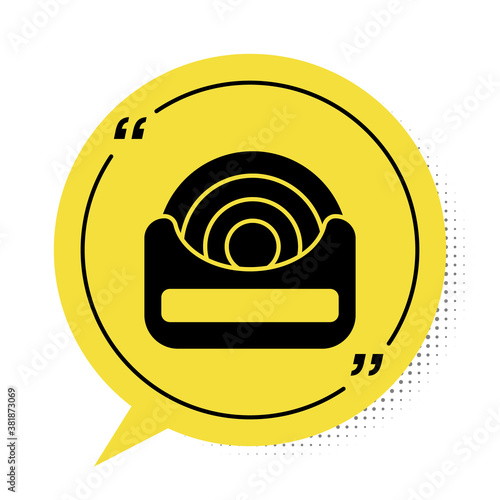 Black Dental floss icon isolated on white background. Yellow speech bubble symbol. Vector.