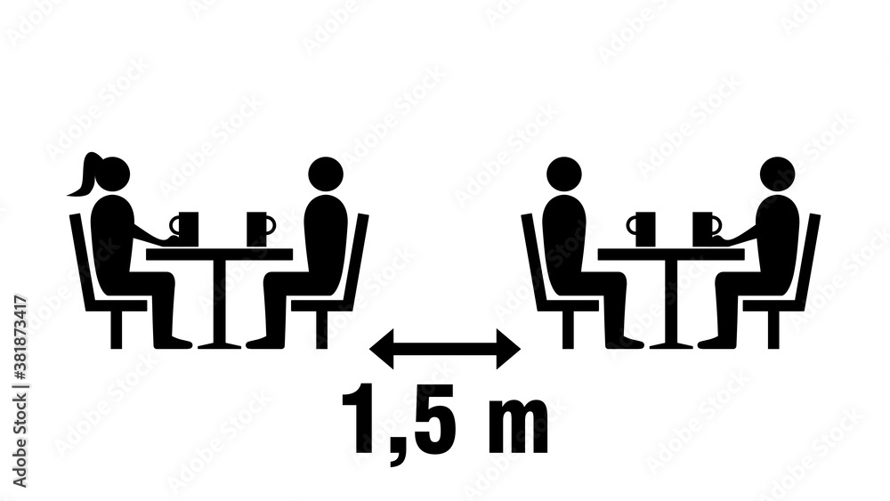 Social Distancing Keep a Safe Distance of 1,5 m or 1,5 Metres between the Tables in Cafe or Restaurant Icon. Vector Image. Social Distancing Keep a Safe Distance of 1,5 m or 1,5 Metres between the Tables in Cafe or Restaurant Icon. Vector Image.