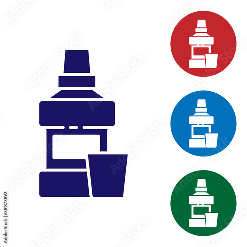 Blue Mouthwash plastic bottle and glass icon isolated on white background. Liquid for rinsing mouth. Oralcare equipment. Set icons in color square buttons. Vector.