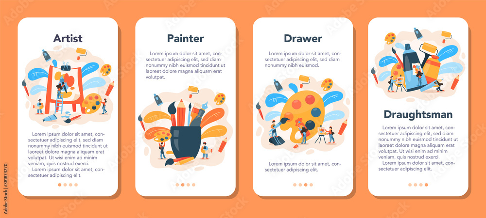 Naklejka premium Artist mobile application banner set. Idea of creative people and profession.