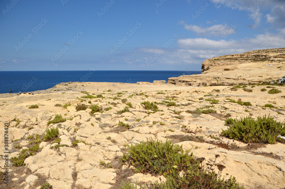 Dwejra cliffs landscape on Gozo island in bright sunny day, Malta