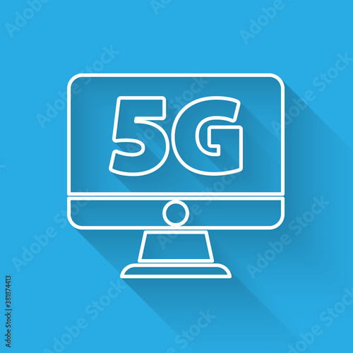 White line Monitor with 5G new wireless internet wifi icon isolated with long shadow. Global network high speed connection data rate technology. Vector.