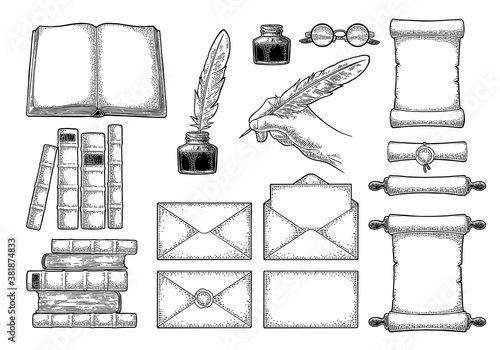 Set education. Inkwell with feather, pile books, glasses. Engraving