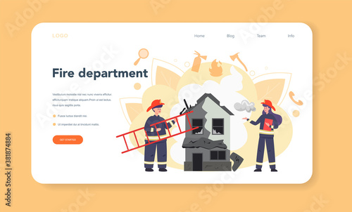 Fireman web banner or landing page. Professional fire brigade