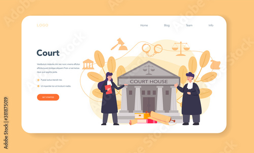 Judge web banner or landing page. Court worker stand for justice