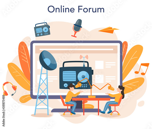 Radio host online service or platform. Idea of news broadcast