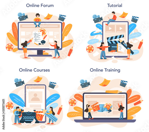 Screenwriter online service or platform set. Person create a screenplay