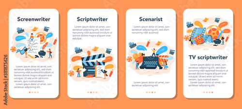 Screenwriter mobile application banner set. Person create a screenplay