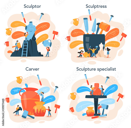 Professional sculptor concept set. Creating sculpture of the marble