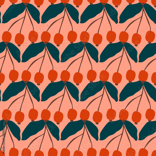 Autumn seamless coordinate print. Fall rowanberries and leaves naive cartoon flat vector illustration. October walks fabric, stationary surface design collection. Vector EPS 10.
