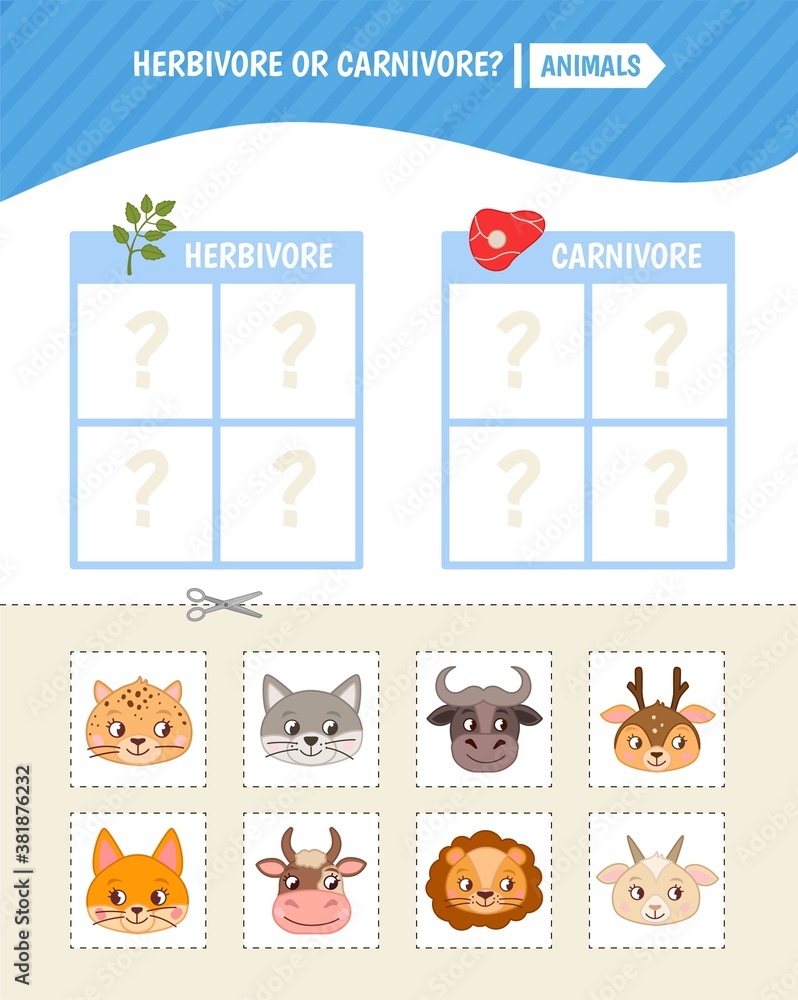 Educational  game for children. Toddler Activity Cards. predators and herbivores animals.
