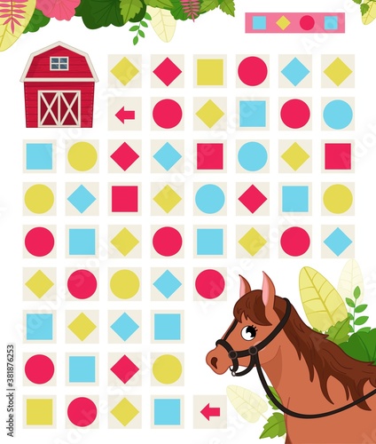 Maze game for children. Farm animals collection. Help the horse to find the farm.