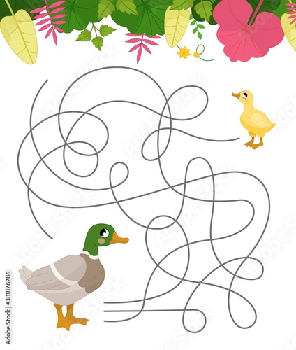 Maze game for children. Farm animals collection. Help the duck to find the duckling. 