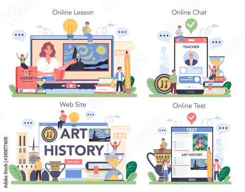 History of art online service or platform set. Teacher tell kids about