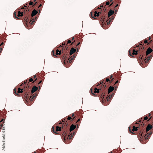 Pastel tones maroon moth ornament seamless pattern. Isolated insect simple print on white background.