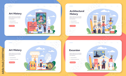 History of art school education web banner or landing page set.