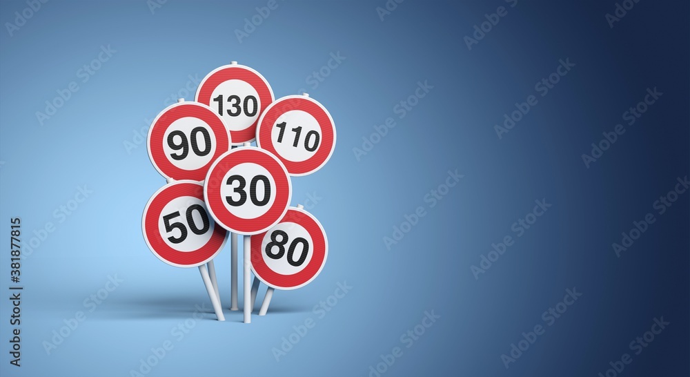 panneaux routiers d'indication de limitation de vitesse sur fond bleu, rendu 3D panneaux routiers d'indication de limitation de vitesse sur fond bleu, rendu 3D