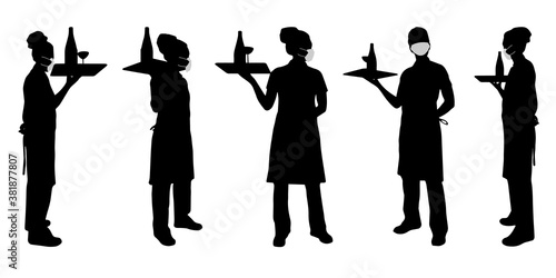 Vector concept conceptual  silhouette women working while social distancing as means of prevention and protection against coronavirus contamination. A metaphor for the new normal.