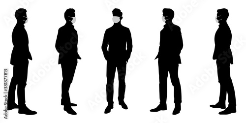 Vector concept conceptual  silhouette men talking while social distancing as means of prevention and protection against coronavirus contamination. A metaphor for the new normal.
