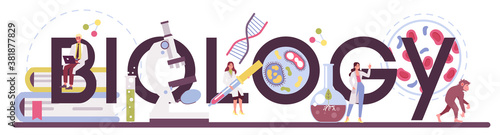 Biology science typographic header. Scientist make laboratory analysis