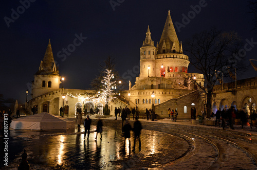 Fisherman's Bastion in snowy winter, Budapest, Hungary photo