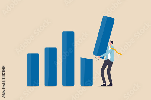 Revenue forecast cut, stock market price correction or global economic slow down due to Coronavirus COVID-19 crisis concept, businessman financial advisor or expert cut and hold piece of bar graph.