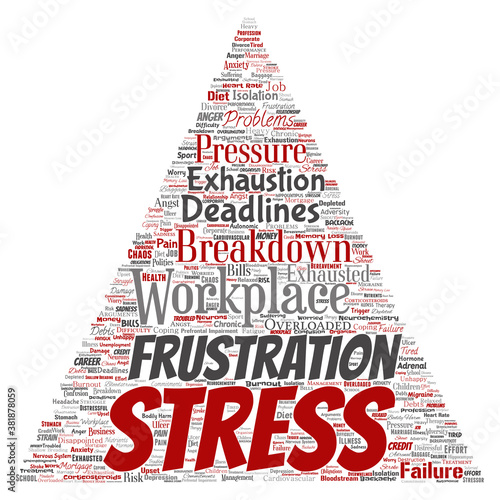 Vector conceptual mental stress at workplace or job pressure human triangle arrow word cloud isolated background. Collage of health, work, depression problem, exhaustion, breakdown, deadlines risk