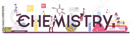 Chemistry science typographic header. Scientific experiment in the laboratory