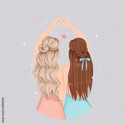 Cute girls make heart with their hand. Pretty hair design. Happy friendship concept. Flat vector illustration isolated.
