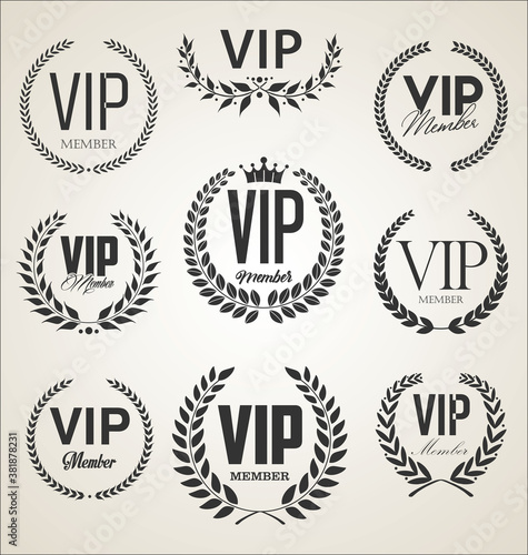 Collection of Vip label with laurel wreath retro template design
