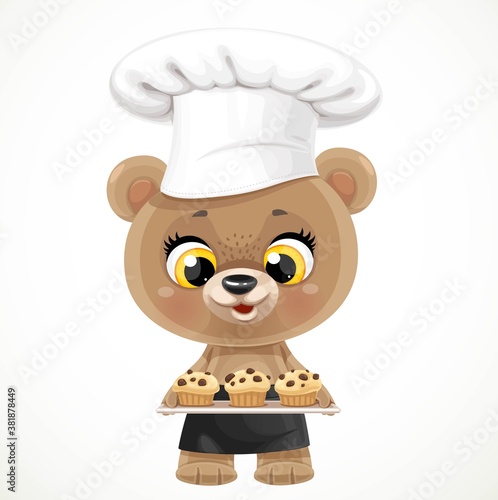 Cute cartoon baby bear chef with muffins on a tray isolated on white background