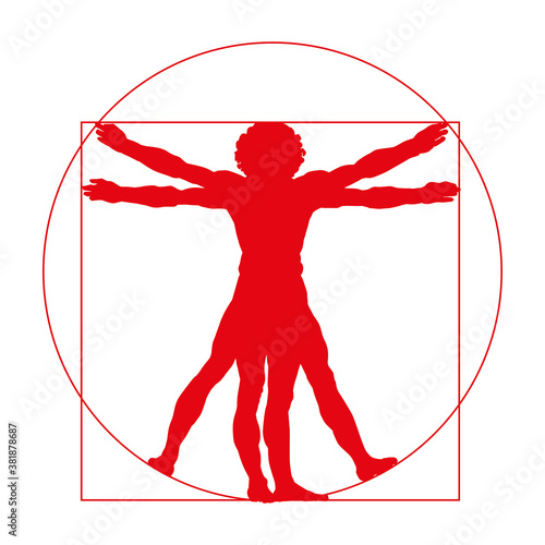Stylized sketch of the Vitruvian man or Leonardo's man. Homo vitruviano vector illustration based on Leonardo da Vinci artwork red color
