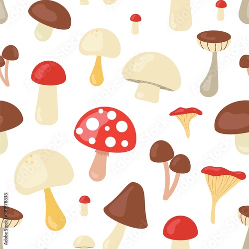 Cute autumn pattern with mushrooms. Fall season seamless background