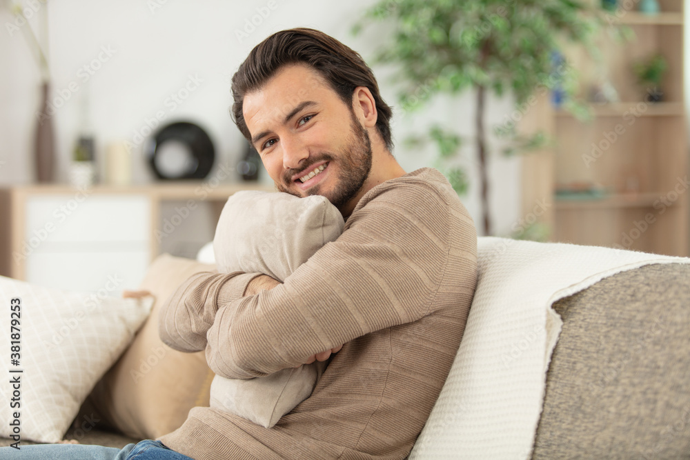 young attractive smiling guy on the cozy sofa at home