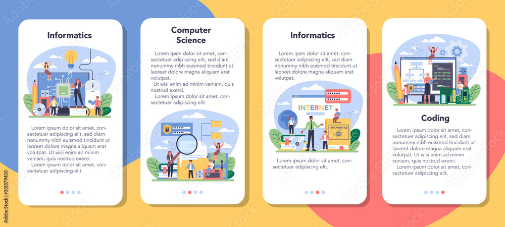 IT education mobile application banner set. Student write software IT education mobile application banner set. Student write software