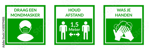 Square Warning Signs in Dutch Showing a Basic Set of Measures against the Spread of Covid-19 including Wear a Face Mask, Keep Your Distance 1,5 Meters and Wash Your Hands. Vector Image.