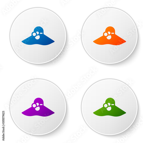 Color Elegant women hat icon isolated on white background. Set icons in circle buttons. Vector.