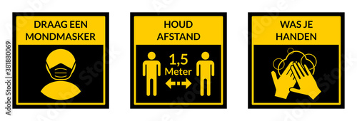 Square Warning Signs in Dutch Showing a Basic Set of Measures against the Spread of Covid-19 including Wear a Face Mask, Keep Your Distance 1,5 Meters and Wash Your Hands. Vector Image.