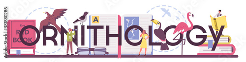 Ornithology typographic header. Professional scientist study birds. Zoologist