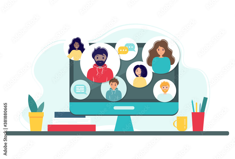 Online meeting via group call. Home office concept with computer, books and cup. Group of people doing video conference. Vector illustration in flat style. Stay at home. Self-isolation Online meeting via group call. Home office concept with computer, books and cup. Group of people doing video conference. Vector illustration in flat style. Stay at home. Self-isolation
