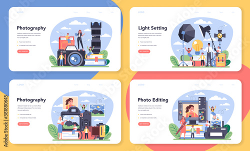 Photography school course web banner or landing page set.