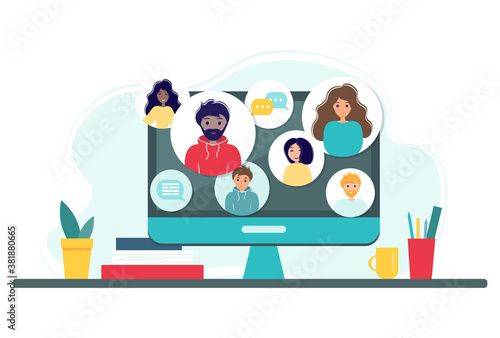 Online meeting via group call. Home office concept with computer, books and cup. Group of people doing video conference. Vector illustration in flat style. Stay at home. Self-isolation © Tais