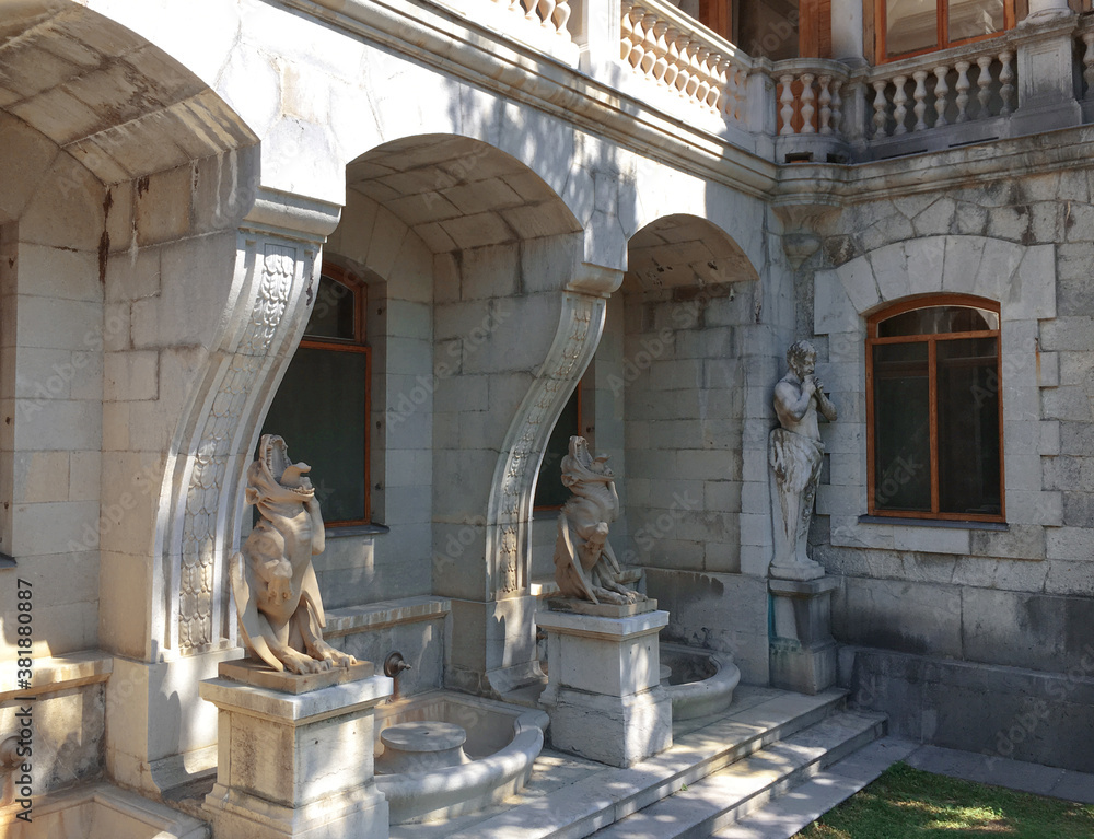 Crimea, Massandra / August, 2018: Sculptures and chimeras decorating the Massandra Palace