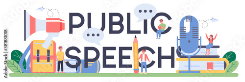Public speech typographic header. Voice training and speech