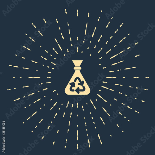 Beige Garbage bag with recycle symbol icon isolated on blue background. Trash can icon. Recycle basket sign. Abstract circle random dots. Vector.