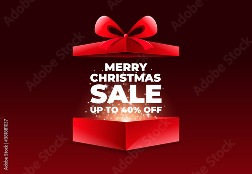 Merry Christmas sale with opened gift box. Surprise. Vector illustration