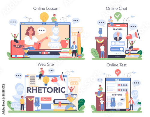 Rhetoric class online service or platform set. Voice training and speech