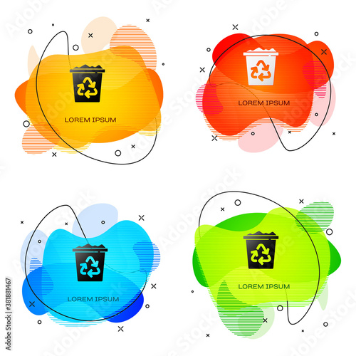 Black Recycle bin with recycle symbol icon isolated on white background. Trash can icon. Garbage bin sign. Recycle basket sign. Abstract banner with liquid shapes. Vector.
