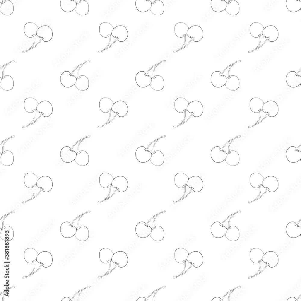 Cute hand drawn cherry seamless pattern. Red cherry with black stroke on white background. Design is good for printing fabrics or paper