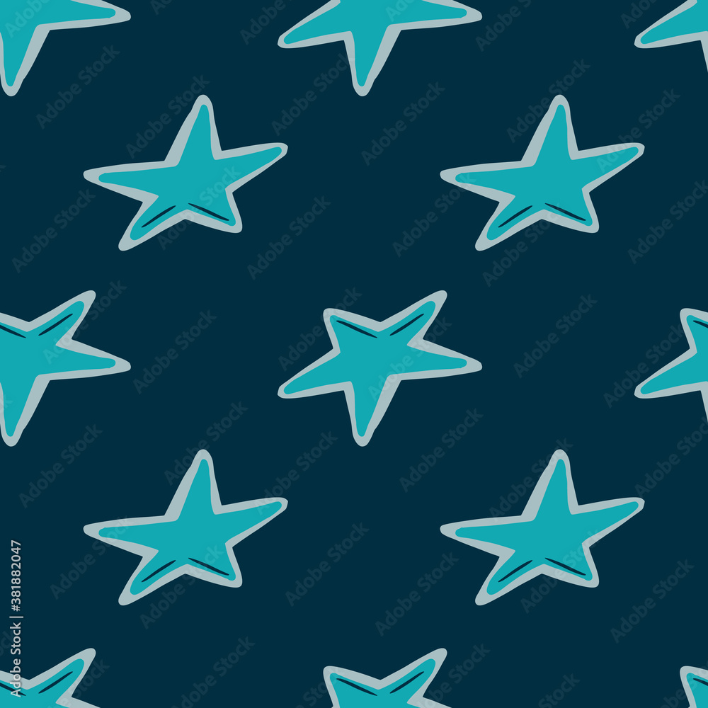 Blue star shapes seamless patern. Doodle hand drawn space ornament on navy blue dark background. Blue star shapes seamless patern. Doodle hand drawn space ornament on navy blue dark background.